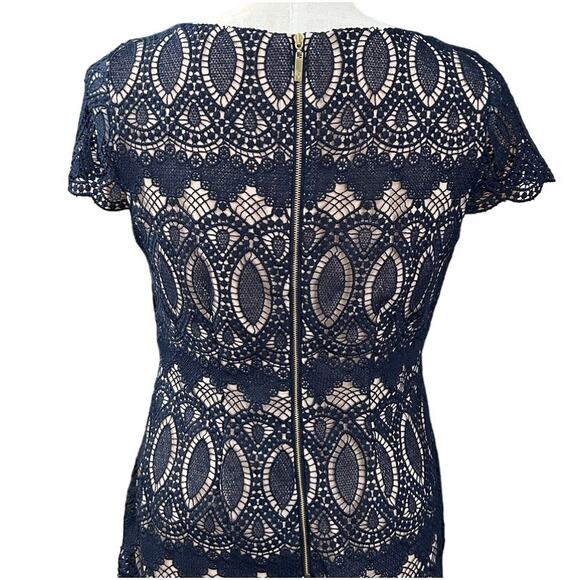 Eliza J Nude Illusion Lace Overlay Sheath Dress Wedding Guest Cocktail Size 8 - Picture 16 of 16